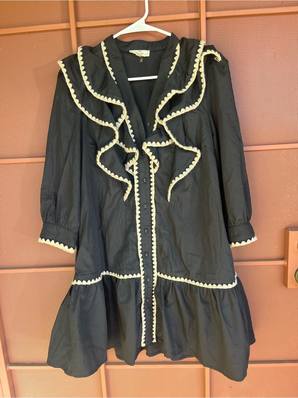 Women's navy cotton Ruffle Trim Coat Dress with pockets